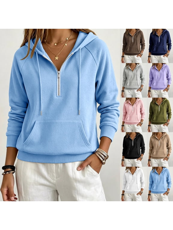 Womens 1/2 Zip Up Pullover Sweatshirts Fall Long Sleeve Half Zipper Hoodie Pullover Tops Drawstring Hooded Sweater with Kangaroo Pocket