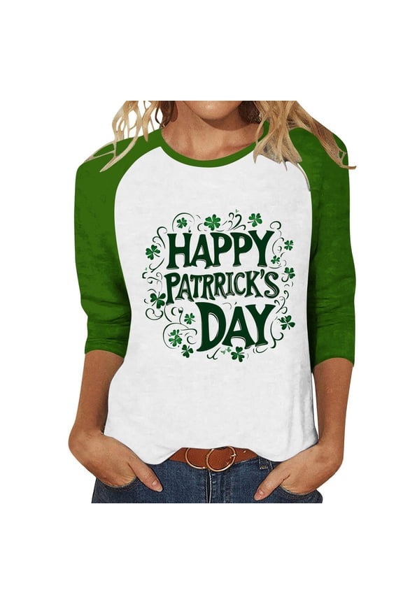 Womens 3/4 Sleeve Crew Neck T-Shirts 2026 St. Patrick’s Day Spring Shirts Raglan Sleeve Green Lucky Clover Shamrock Graphic Tee Basic Pullover