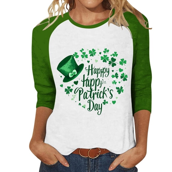 LangJing Womens 3/4 Sleeve Crew Neck T-Shirts 2026 St. Patrick’s Day Spring Shirts Raglan Sleeve Green Lucky Clover Shamrock Graphic Tee Basic Pullover