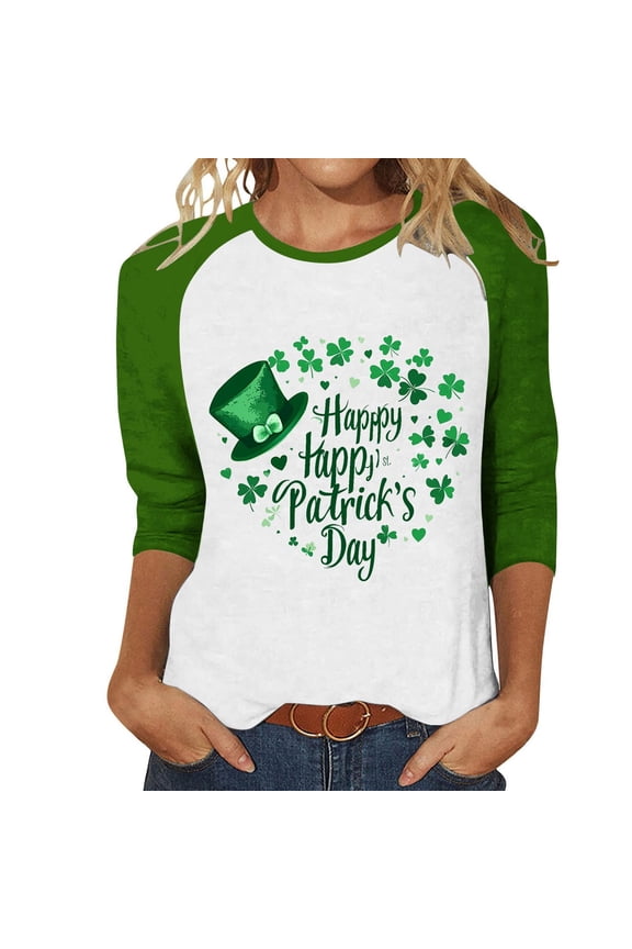 Womens 3/4 Sleeve Crew Neck T-Shirts 2026 St. Patrick’s Day Spring Shirts Raglan Sleeve Green Lucky Clover Shamrock Graphic Tee Basic Pullover