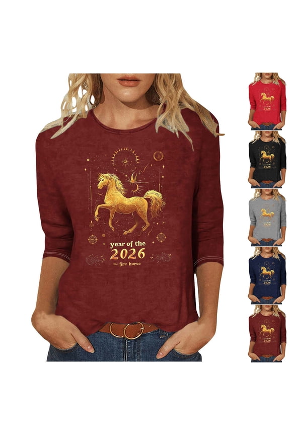 Womens 3/4 Sleeve T-Shirts 2026 Happy New Year Spring Shirts Cute Graphic Tee Basic Tops Loose Fit Pullover Gray,S