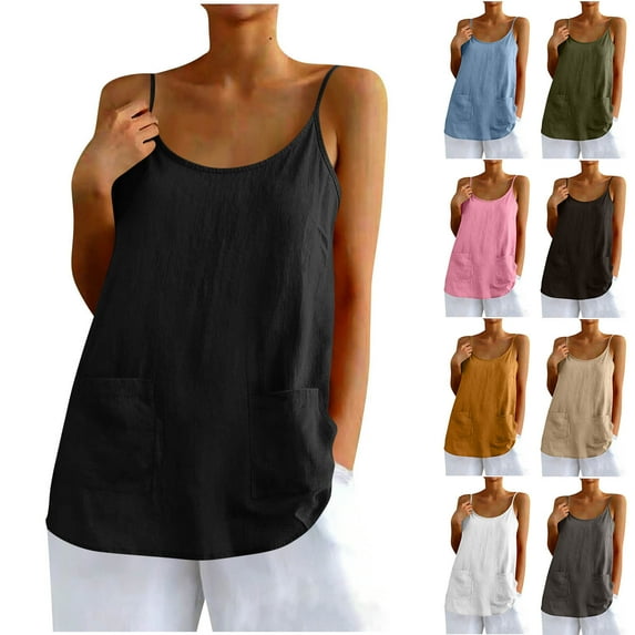 LangJing Womens Camisole Tank Tops Dressy Casual Cotton Linen Gauze Cami Shirts Adjustable Spaghetti Straps Tunic with Pockets Khaki,XL