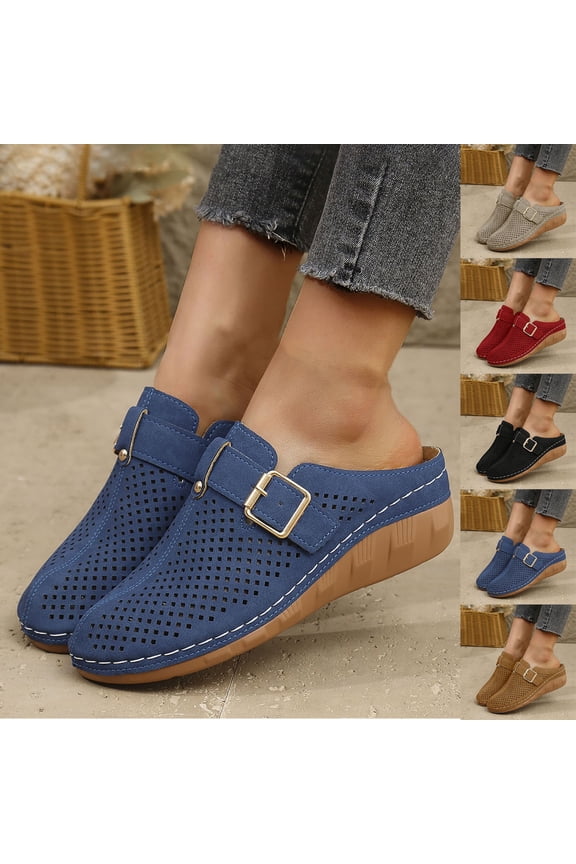 Womens Clogs Wedge Sandals Hollow Out Closed Toe Chunky High Heel Sandal Casual Slip On Slippers Breathable Shoes Red,39