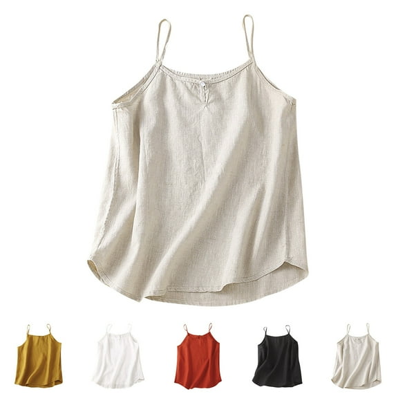 LangJing Womens Cotton Linen Tank Top Summer Sleeveless Camisole Casual Loose Comfy Spaghetti Straps Shirts Solid Cami Tops White,XL