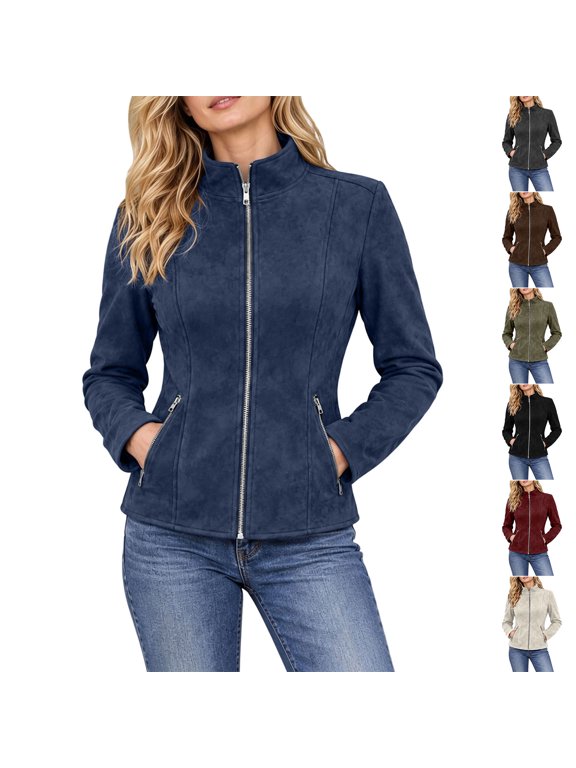 Womens Faux Suede Jackets Slim Fitted Casual Cropped Zipper Biker Moto Jacket Fall Coats