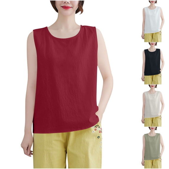 LangJing Womens Gauze Tank Tops Casual Loose Fit Cotton Linen Shirts Summer Sleeveless Basic Tees Solid Color Crew Neck Tops Beige,XXXL