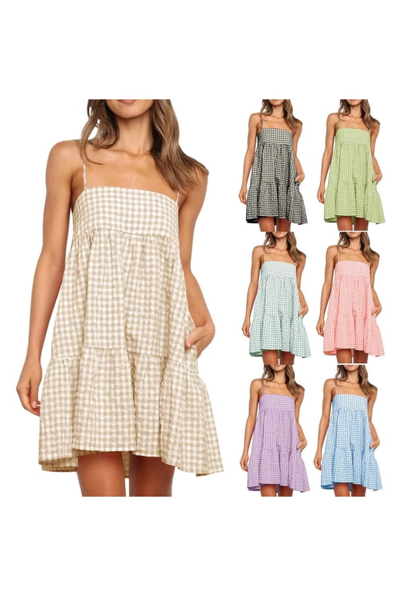 Womens Gingham Dresses with Pockets Summer Sleeveless Spaghetti Straps Mini Dress A-Line Flowy Ruffled Slip Dresses Purple,S