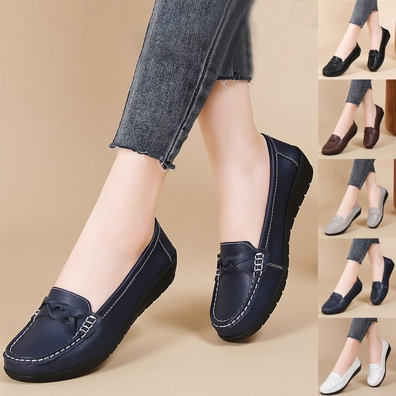 LangJing Womens Loafers, Stylish Orthopedic Leather Shoes Ladies Casual Slip-On Walking Flats Loafers, Business Casual Shoes Gray,37