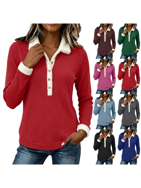 Womens Long Sleeve Collared Tops Lapel V Neck Button Ribbed Knit Shirts Fur Trim Loose Fit Casual Blouse