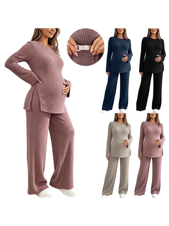 Womens Maternity Pajamas Sets Ribbed Knit 2 Piece Outfits Side Split Long Sleeve Tops Wide Leg Pants Pregnancy Postpartum Loungewear Pink,S