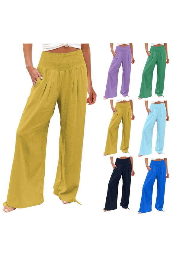 Womens Palazzo Pants Smocked High Waisted Cotton Gauze Pants Casual Loose Comfy Adjustable Hem Trouser for Ladies Green,L