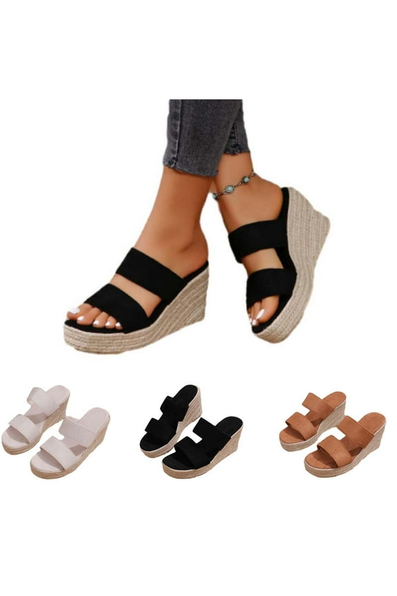 Womens Platform Wedge Sandals Espadrille Raffia Heeled Slides Open Toe Two Band 2026 Summer Beach Vacation Shoes Beige,43