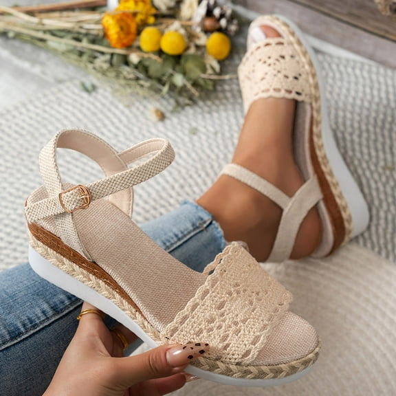 LangJing Womens Platform Wedges Espadrilles Lace Open Toe Dressy Slip on Buckle Ankle Strap Wedge Sandals Casual Summer 2026 Beige,42