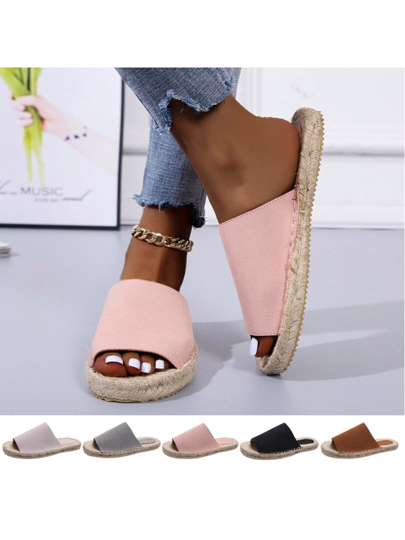 Womens Raffia Sandals Straw Woven Flats Flip Flops Basic Plain Slippers Slip On Sandal Comfy Beach Slides for Summer Black,35