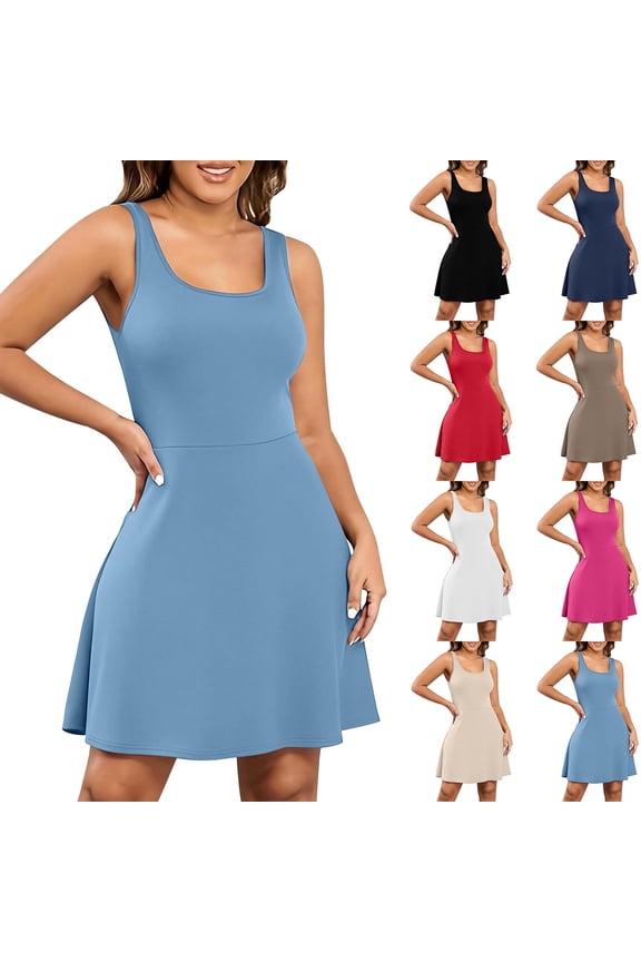 Womens Sleeveless Tennis Workout Dress Racerback Flared Casual Plain Tank Dress A-Line Golf Athletic Dress Light Blue,XXL
