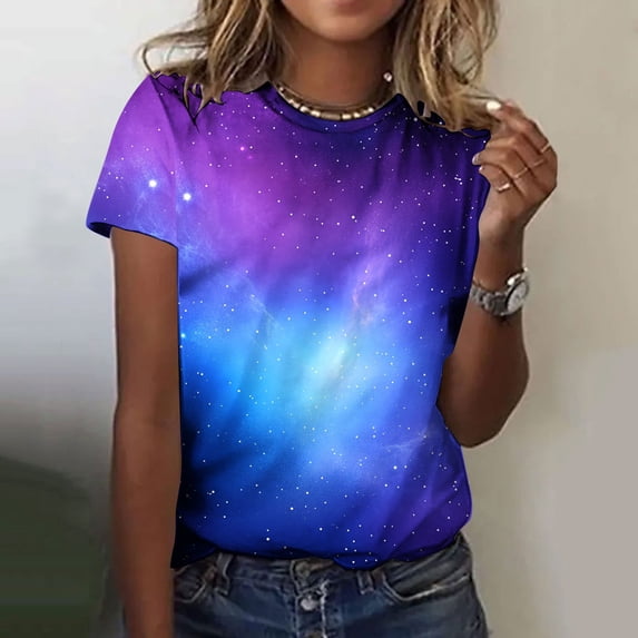 LangJing Womens Spring Tops 2026 Starry Sky Printed Short Sleeve Shirts Round Neck Dressy Casual Blouses Loose Fit Trendy Basic Tees Multicolor,M