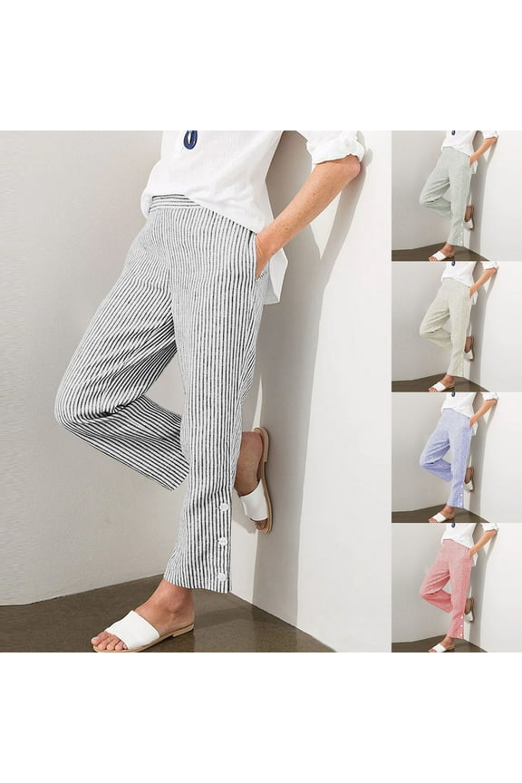 Womens Striped Pants Elastic High Waisted Straight Casual Pants Button Down Split Hem Beach Trouser with Pockets Blue,XL