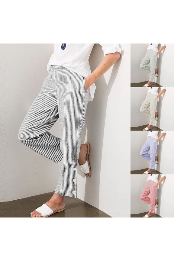 Womens Striped Pants Elastic High Waisted Straight Casual Pants Button Down Split Hem Beach Trouser with Pockets Khaki,XXL