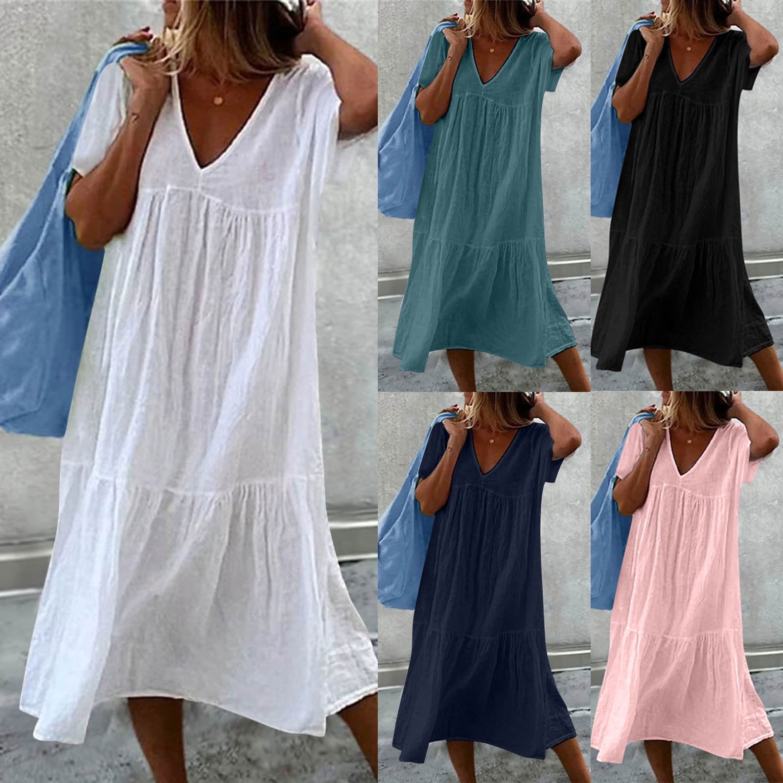 LangJing Womens Summer Dresses Gauze Short Sleeve V Neck Midi Dress ...