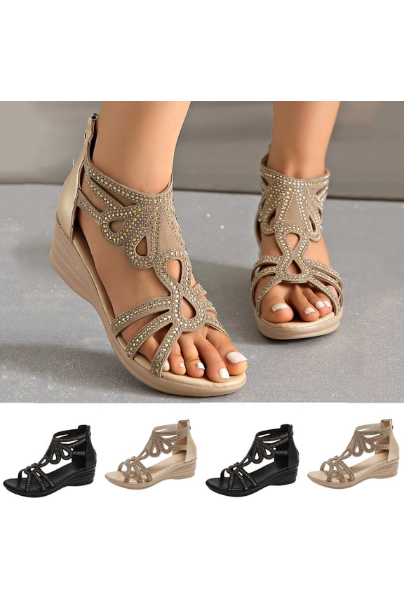 Womens Summer Gladiator Sandal Dressy Back Zipper Wedge Sandals Ankle Strap Roman Shoes Boho Rhinestones Sandal 2026 Black,37