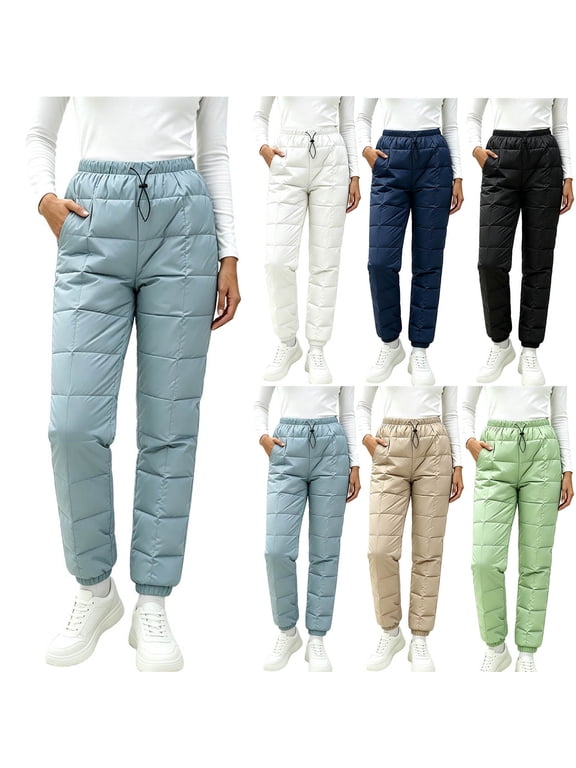 Womens Waterproof Insulated Snow Pants Elastic Waist Drawstring Winter Warm Down Pants Outdoor Hiking Ski Softshell