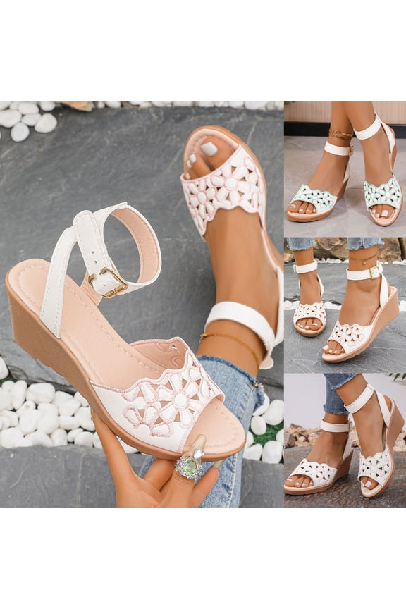 Womens Wedge Sandals Summer Beach Hollow Out Flower Platform Shoes Fashion Peep Toe Buckle Ankle Strap Dressy Sandal Green,39