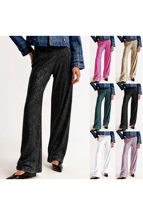 Womens Wide Leg Sparkle Sequin Pants Elastic High Waisted Bling Glitter Dance Pants Trendy Shiny Club Party Trouser Black,XXXL