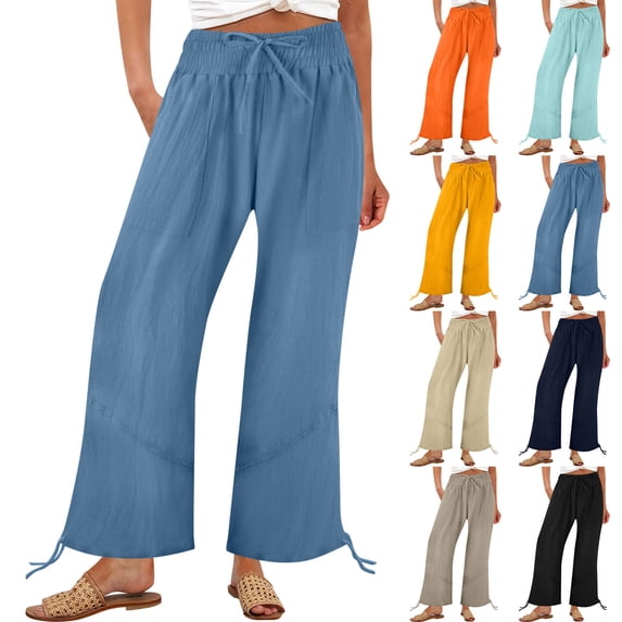 LangJing Womens Workout Pants High Waisted Drawstring Wide Leg Casual Pants Summer Adjustable Hem Beach Trouser with Pockets Light Blue,M