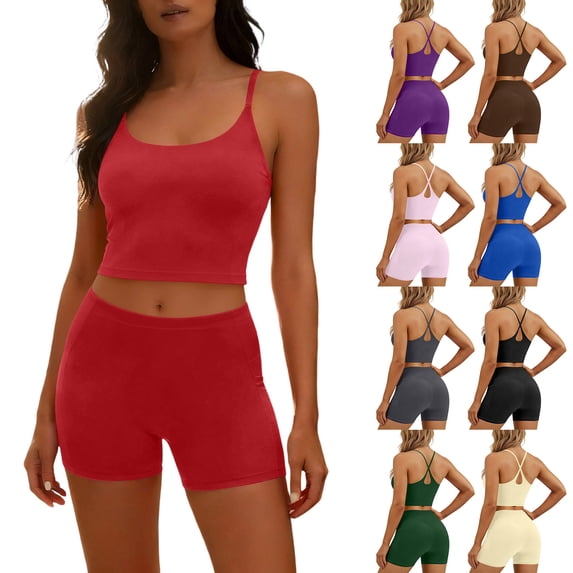 LangJing Womens Workout Sets 2 Piece Seamless Cross Cami Tops High Waist Biker Yoga Shorts Sets Gym Workout Activewear Matching Set Red,M