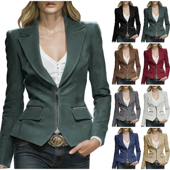 LangJing Womens Zip Up Casual Blazers Open Front Long Sleeve Work Office Suit Jackets Notch Lapel Slim Fit Lightweight Blazer Khaki,M