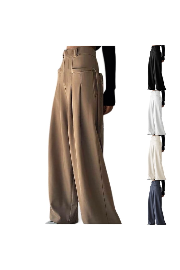 Work Pants Women Dressy Casual Loose Fit Wide Leg Straight Trouser High Waisted Baggy Office Dress Pants for Ladies Black,L