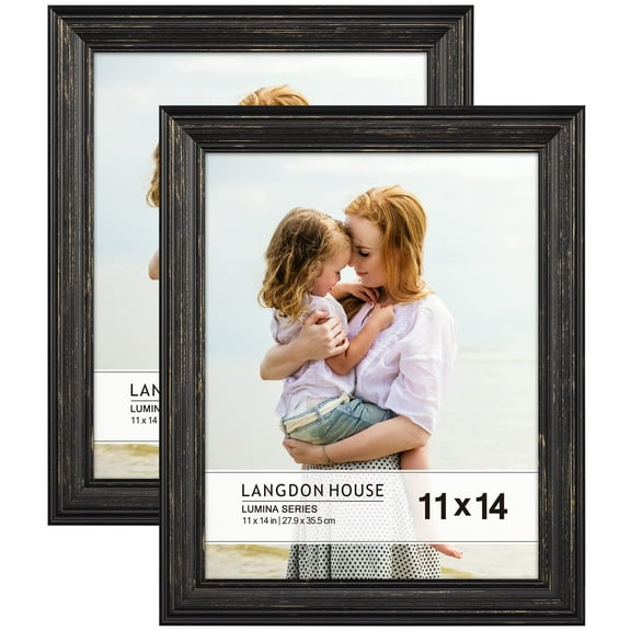 Langdon House 11x14 Barnwood Black Real Wood Picture Frames with Gold Accents, 2 Pack, Lumina Collection (US Company)