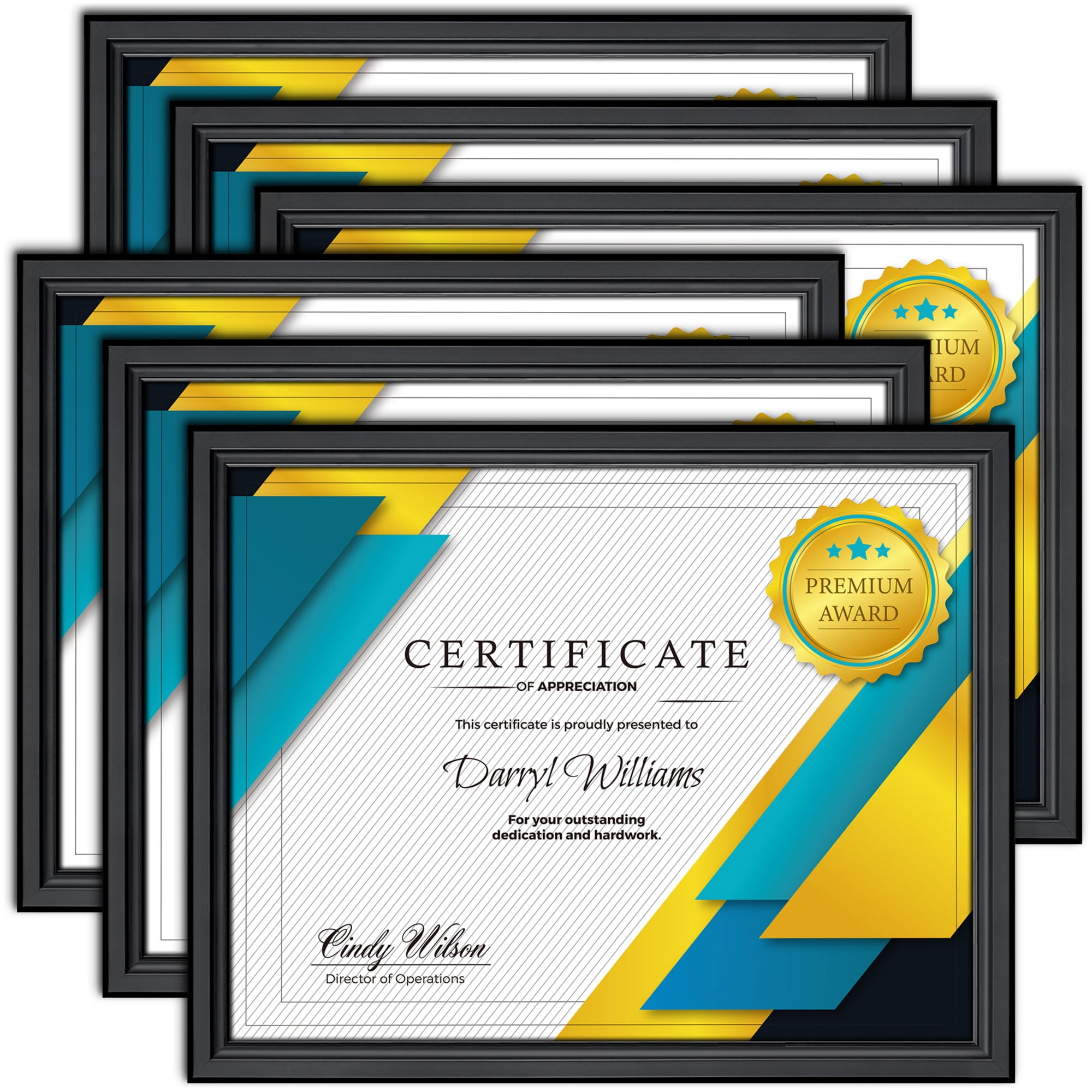 Black Matte Plastic Document Frames for Certificates, 8.5" x 11", Set of 6