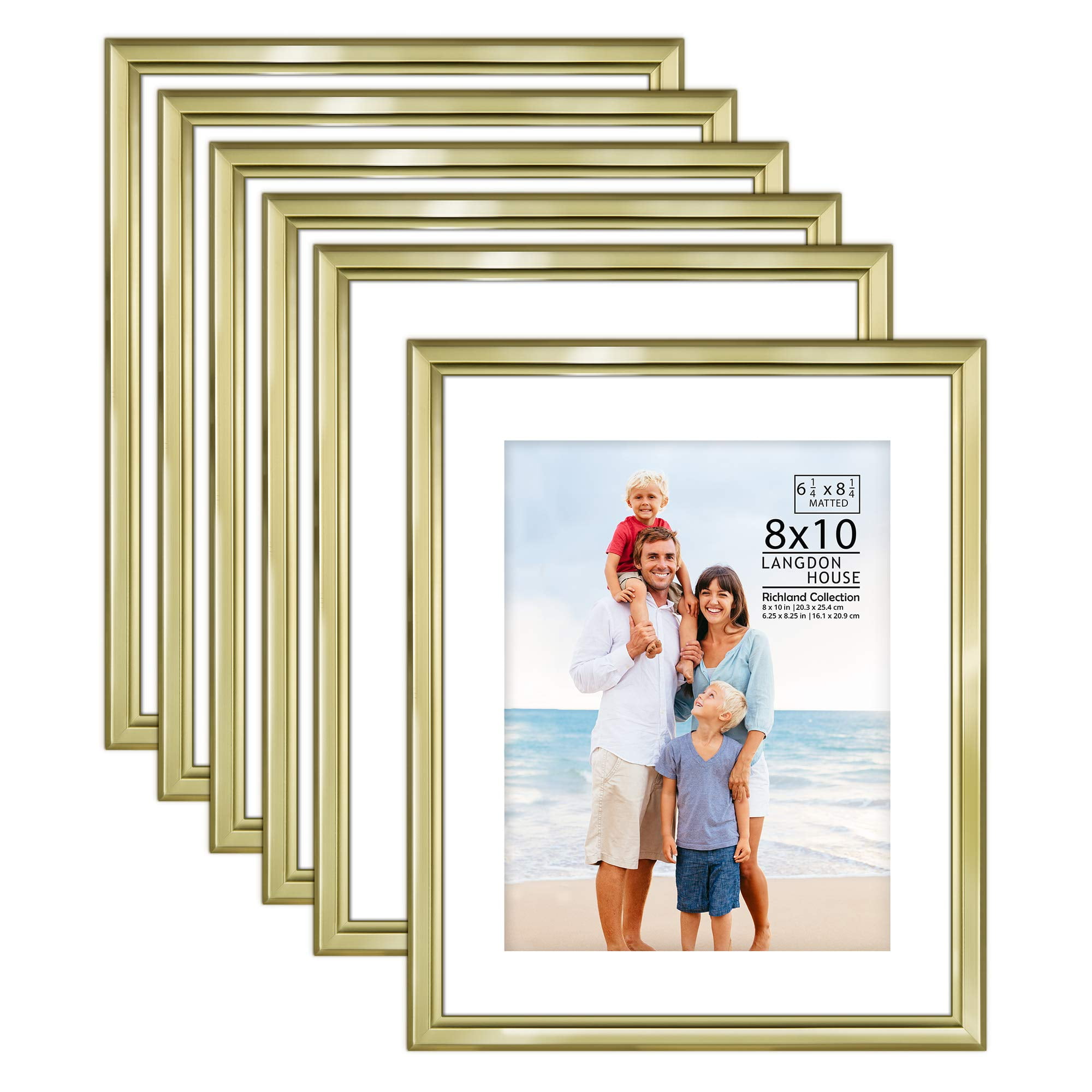 Langdon House 8x10 Gold Picture Frames w/ Removable Mat, Modern Contemporary Style, 6 Pack