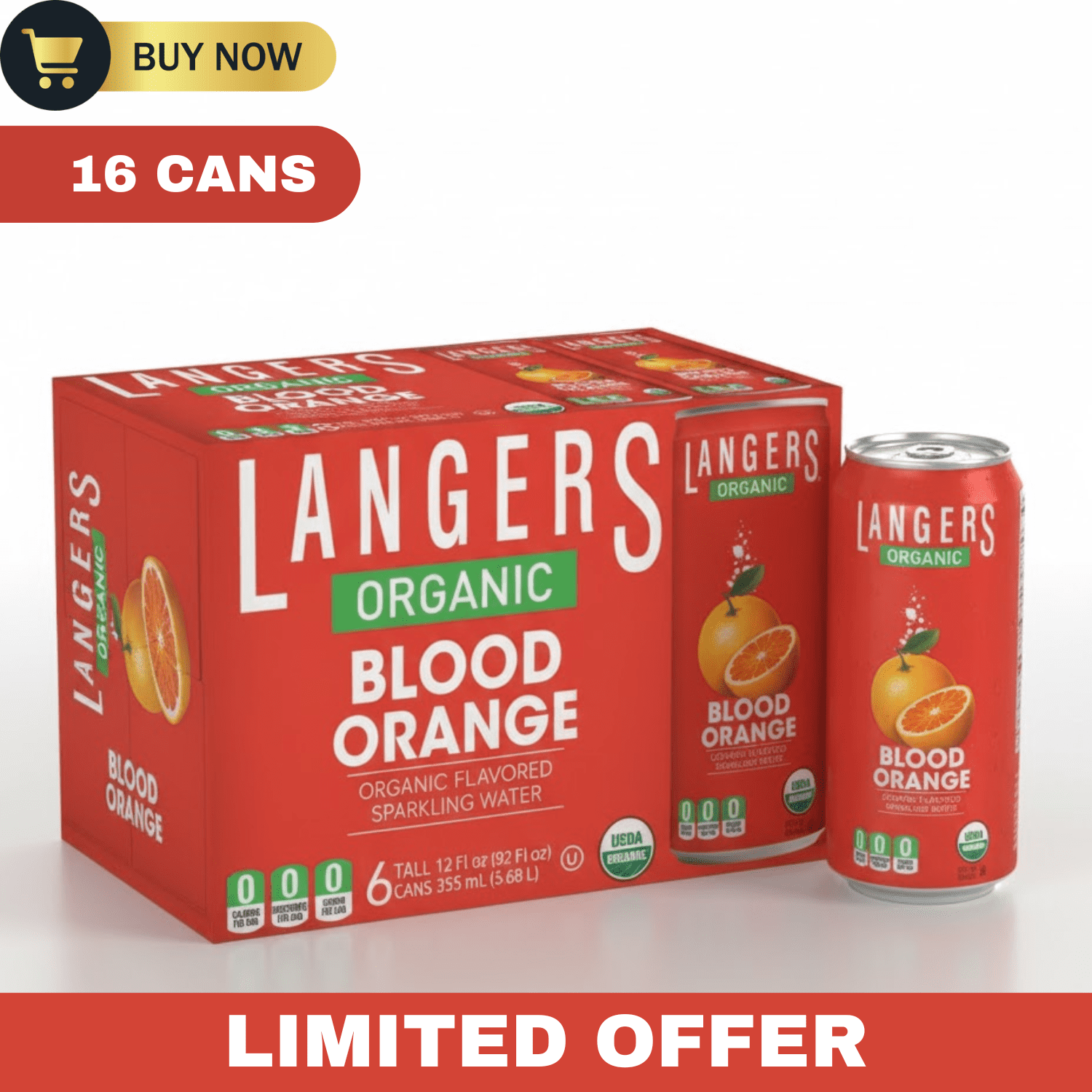 Langers Organic Sparkling Water, Blood Orange Flavor, 12 fl oz Cans, Pack of 16 🍊💧✨