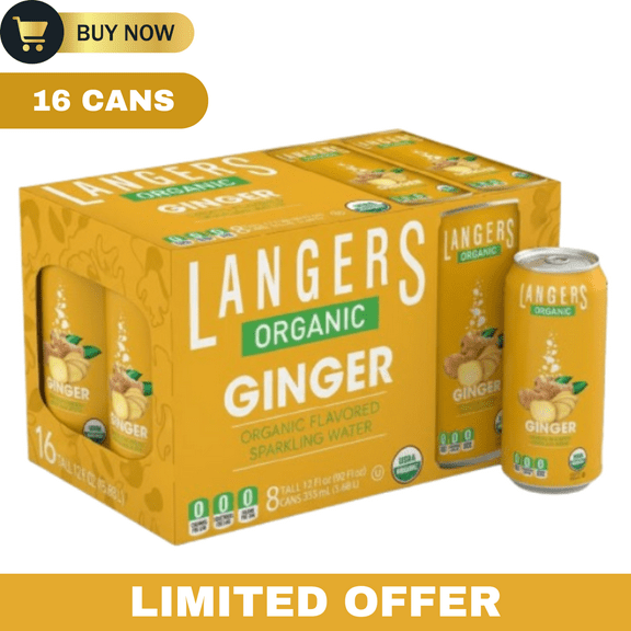 Langers Organic Sparkling Water, Ginger Flavor, 12 fl oz Cans, Pack of 16