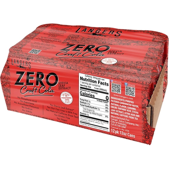 Langers Zero Craft Cola with Stevia, No Weird Stuff, 12 Fl Oz (Pack of 12) No Artifical Sweeteners, Real Ingredients