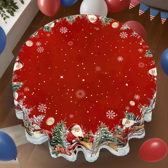 Langever 60x60 Inch Round Christmas Tablecloth - Red with Festive Tree Design, Washable for Holiday Parties, Dinners, Picnics