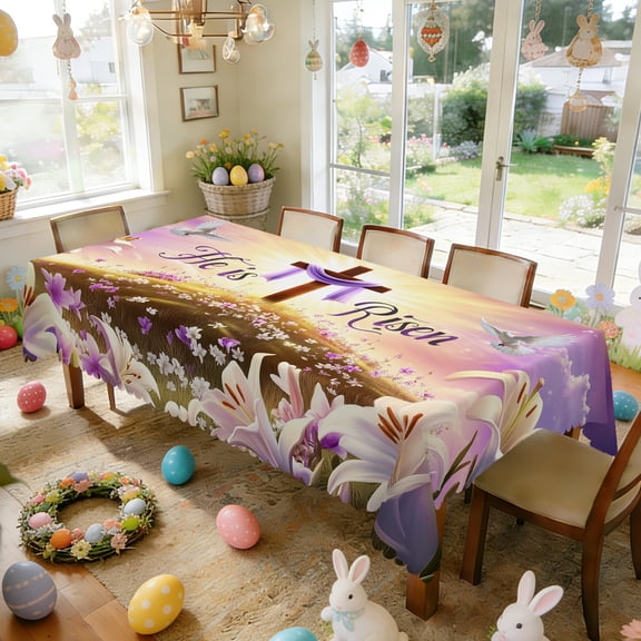Langever Easter Christian Tablecloth Rectangular 60x86in - "He Is Risen" Cross Lily Dove Table Cover for Resurrection Sunday, Church Brunch, Faith Decor