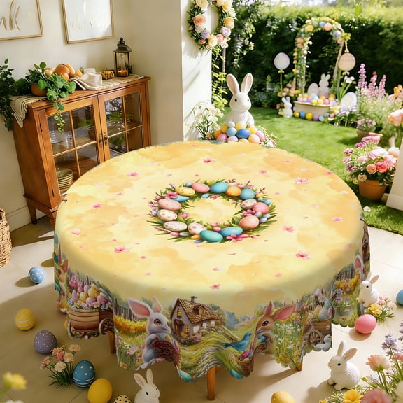 Langever Easter Round Tablecloth 60 Inch - Bunny Egg Wreath Farmhouse Spring Table Cover for Holiday Brunch, Patio Party, Kitchen Decor (Pastel Floral Country Style)
