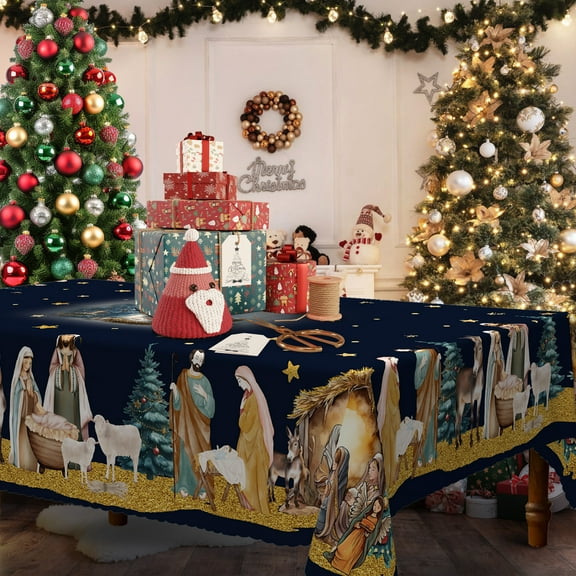 Langever Festive Holiday Tablecloth – Vibrant Christmas Trees, Santa in Sleigh, Reindeer & Snowman, with Bell Trims, 60"x86" Rectangular