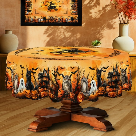 Langever Halloween Tablecloth 60x60 Inch Round - Black Cat Ghost Pumpkin Spider Cobweb Print, Washable Seasonal Table Cover for Party Picnic Dinner