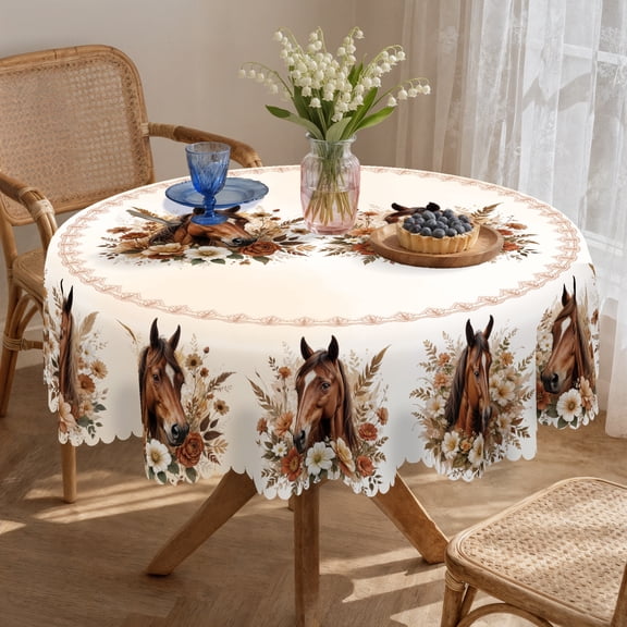 Langever Horse & Floral Round Tablecloth - 60" Waterproof Washable Polyester Table Cover for Dining/Decor