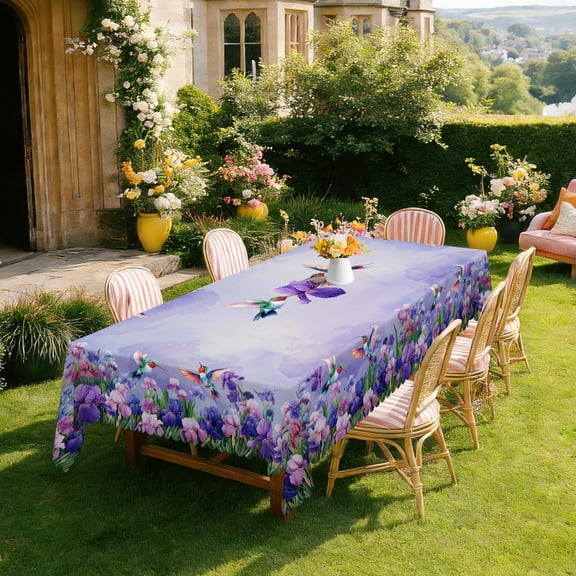Langever Hummingbird & Iris Rectangle Tablecloth - 60"x86" Waterproof Stain Resistant Table Cover for Dining, Kitchen, Garden Parties & Spring Decor, Washable Floral Tablecloth