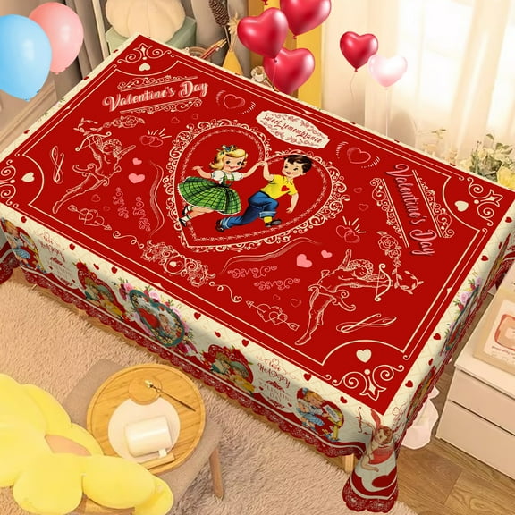 Langever Valentine's Day Retro Vintage Rectangular Tablecloth 55"x70" - Red Love Heart, Cupid & Couple Print, Washable for Romantic Dinner/Party Decor