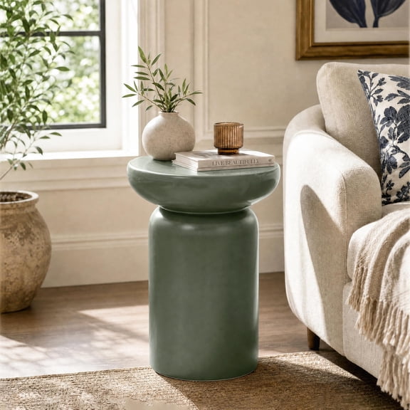 Langford Home 17.32" Olive Green Ceramic Side Table, Indoor & Outdoor Modern Accent Table