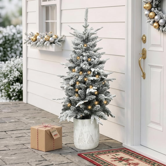 Led Bulb Live Langford Home 4 Ft Battery-Operated Prelit Flocked Artificial Potted ...