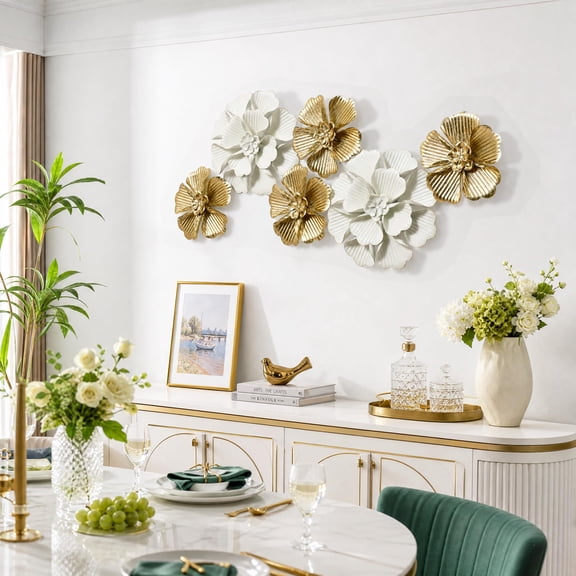 Langford Home 40" Wide Large White and Gold Metal Flowers Wall Decor, Metal Art Sculpture