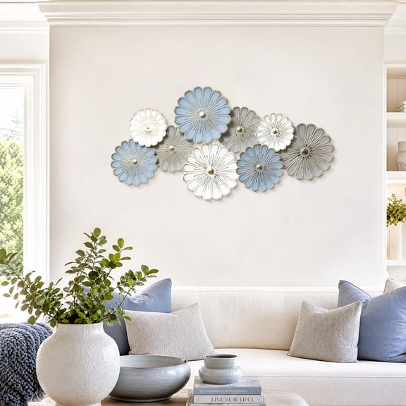 Langford Home 47.2" Wide Large Pastel Blue, Gray, and White Metal Flowers Wall Decor, Metal Art Sculpture