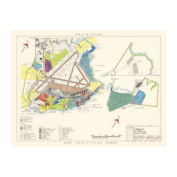 Langley Air Force Base Art, 1951 Vintage Map of Langley Air Force Base History Wall Decor Gift, Old Langley Air Force Base Map - 36" x 24" Unframed Print